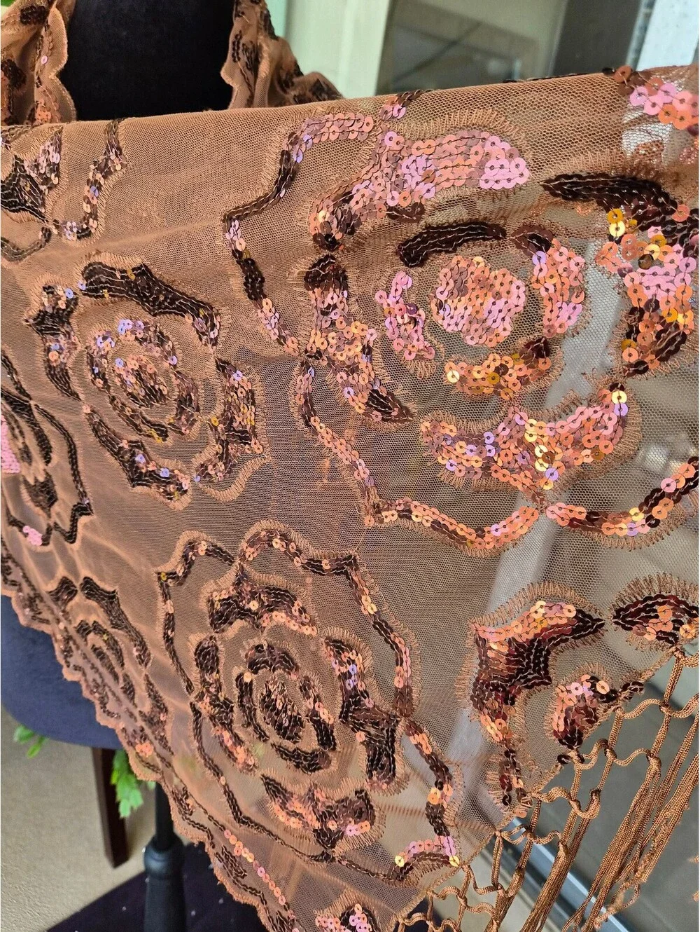 Caramel Brown Floral Sequin Mesh Scarf Shawl Fringe 25 x 70